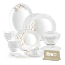 Treo by Milton Opalware Neuma Selene Dinner Set of 35 | Serving for 6|Microwave & Dishwasher Safe | Bone-Ash Free | Tempered Toughness | Plates, Bowls, Lid, Spoons | Crockery Set for Dining & Gifting