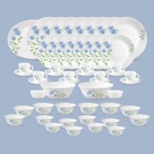 La Opala Diva Classique Collection Opal Glass Crockery | For Family Of 8 | Dinner Set 53 Pcs Blue Daisy | Plates, Bowls & Cups For Dining | Microwave Safe | 100% Vegetarian | Extra Strong | White