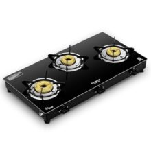 Crompton FlameStar Max 3 Burner Glass Top LPG Gas Stove | 1 Jumbo & 2 Medium Brass Burner | Max Space | Easy Cleaning | Toughened Glass| Tri Pin Brass Burners |2 Year Manufacturer’s Warranty