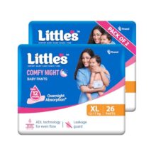 Little’s Baby Diapers XL Size (Extra Large) Pants Style | 12-17 kg | 52 Count | Comfy Nights Baby Diaper Pants with Leakage Guard & Upto 12 Hours Absorption (26 Count, Pack of 2)